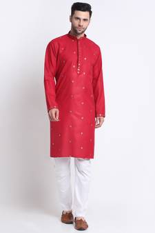 Men Maroon Cotton Sequence Kurta and Trouser Set