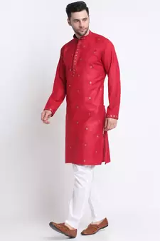 Men Maroon Cotton Sequence Kurta and Trouser Set