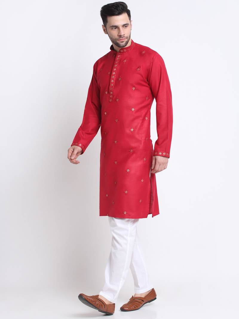Men Maroon Cotton Sequence Kurta and Trouser Set