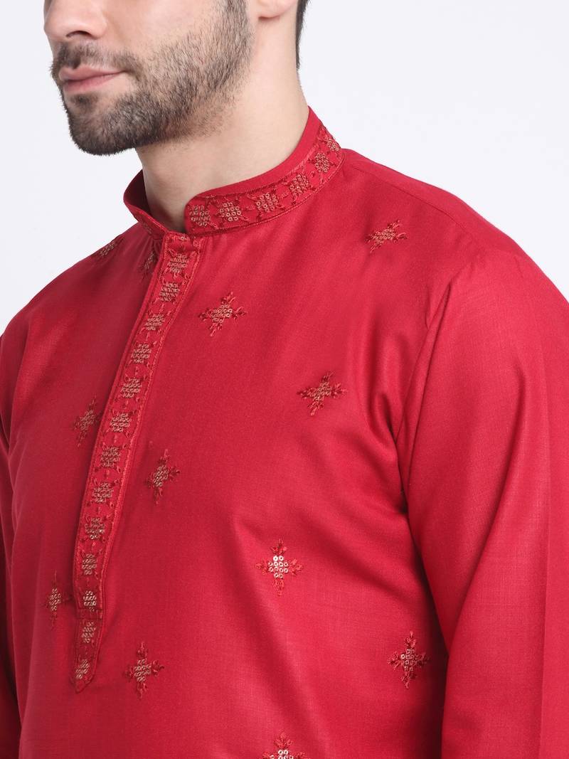 Men Maroon Cotton Sequence Kurta and Trouser Set