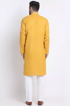 Men Mustard Cotton Sequence Kurta and Trouser Set