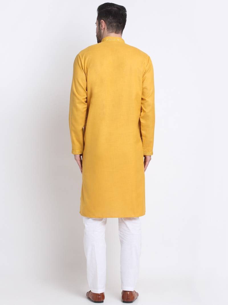 Men Mustard Cotton Sequence Kurta and Trouser Set