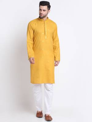 Men Mustard Cotton Sequence Kurta and Trouser Set 1