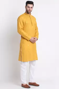 Men Mustard Cotton Sequence Kurta and Trouser Set