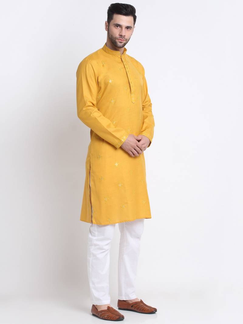 Men Mustard Cotton Sequence Kurta and Trouser Set