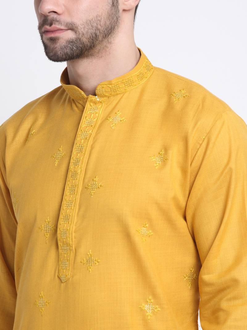 Men Mustard Cotton Sequence Kurta and Trouser Set