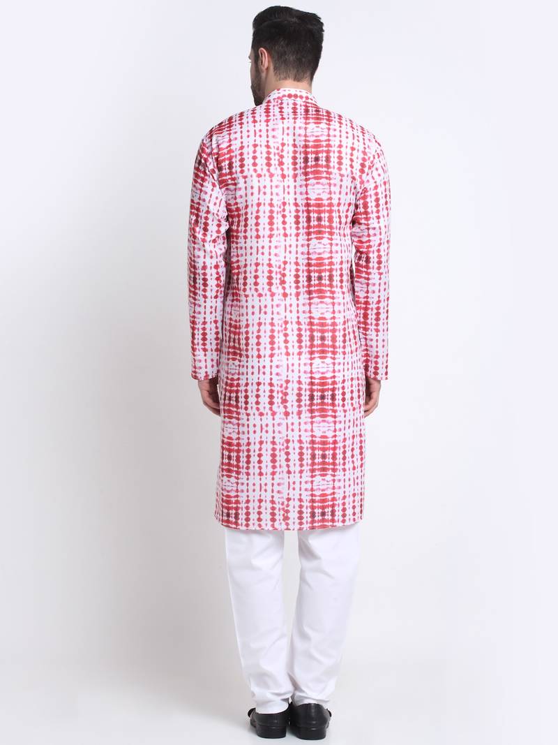 Men Red Cotton Batik Print Kurta and Pyjama Set