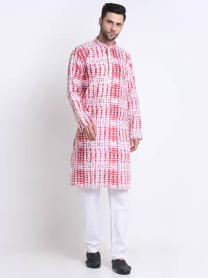 Men Red Cotton Batik Print Kurta and Pyjama Set 1