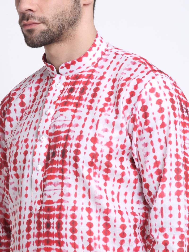 Men Red Cotton Batik Print Kurta and Pyjama Set