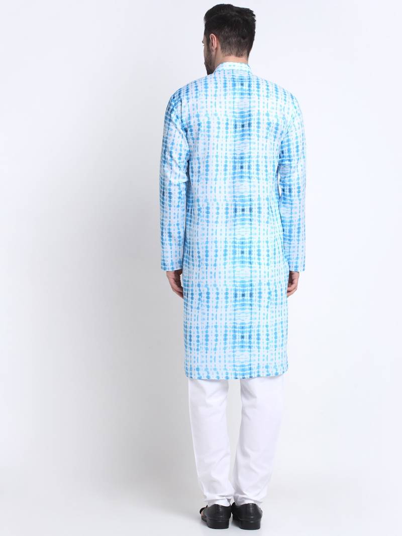 Men Sky Cotton Batik Print Kurta and Pyjama Set
