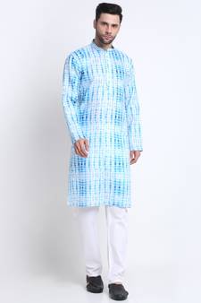 Men Sky Cotton Batik Print Kurta and Pyjama Set