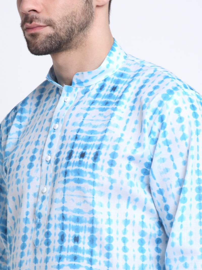 Men Sky Cotton Batik Print Kurta and Pyjama Set