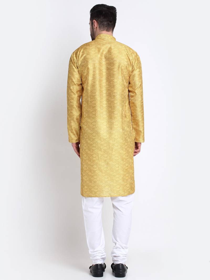 Kraft India Men Mustard Silk Geometric Kurta and Churidar Set