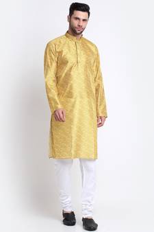 Kraft India Men Mustard Silk Geometric Kurta and Churidar Set