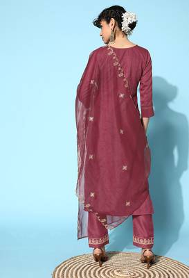 Pink Zari Sequence Embroidered Chinon Silk Kurta Pant With Dupatta 5