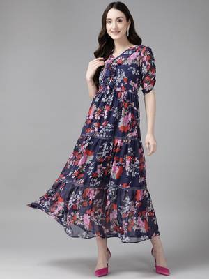 Navy-blue printed georgette long-dresses 1