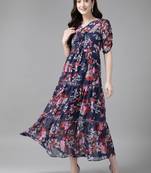 Navy-blue printed georgette long-dresses