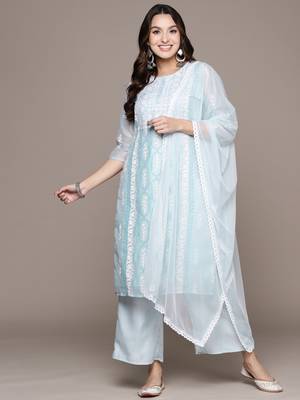 Blue printed chanderi kurta sets 5