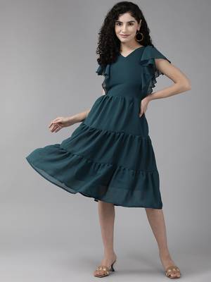 Teal printed georgette short-dresses 1