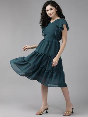 Teal printed georgette short-dresses 3