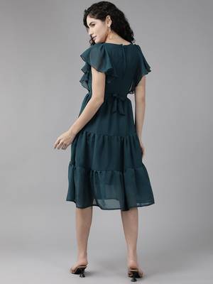 Teal printed georgette short-dresses 4
