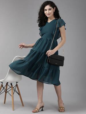Teal printed georgette short-dresses 5