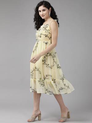 Beige printed georgette short-dresses 3