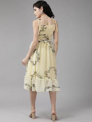 Beige printed georgette short-dresses 4
