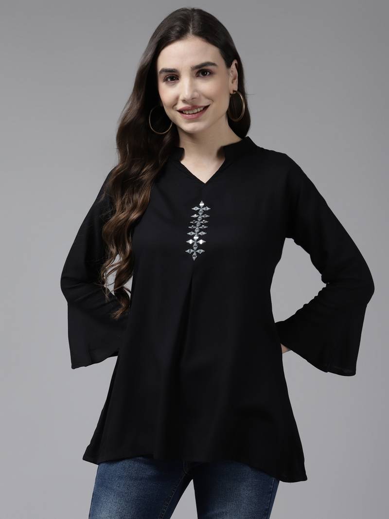 Black plain georgette party-tops
