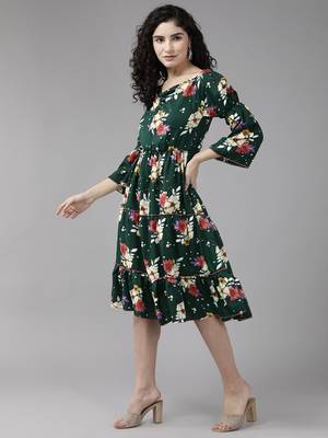 Green printed georgette short-dresses 3