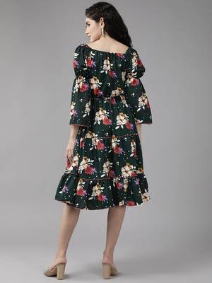 Green printed georgette short-dresses 4