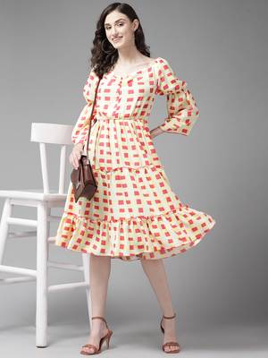 Red printed georgette short-dresses 5