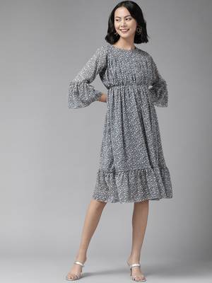 Grey printed georgette short-dresses 1