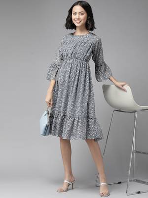 Grey printed georgette short-dresses 5