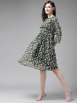 Black printed georgette short-dresses 3