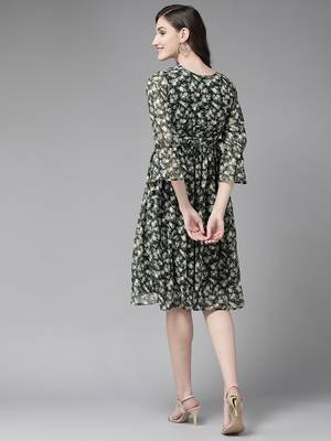 Black printed georgette short-dresses 4