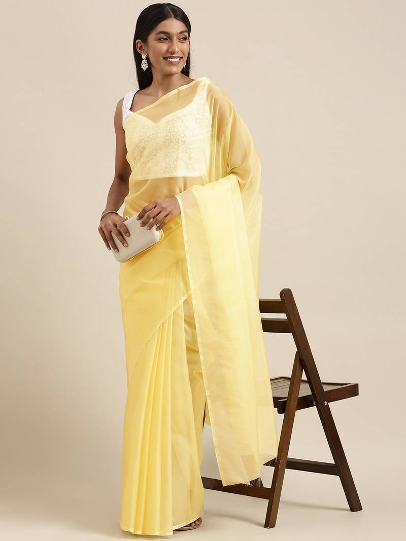 SAREE MALL Women's Organza Yellow Solid Celebrity Saree With Blouse Piece