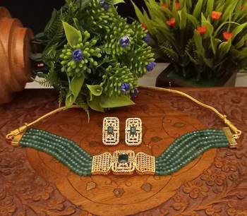 Green Brass Base Gold Plated Polish American Diamond High End Beaded Choker Necklace Jewellery set 3