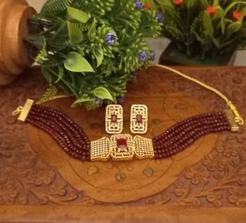 Red Copper Gold Plated American Diamond with Onyx Semi Precious Stone Beading Choker Jewellery Necklace for Women 3