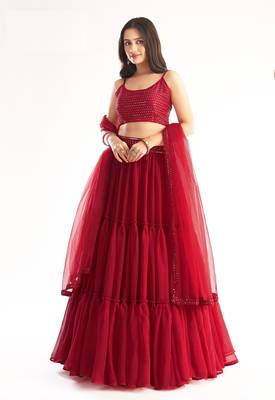 Red embroidered georgette semi stitched lehenga 1