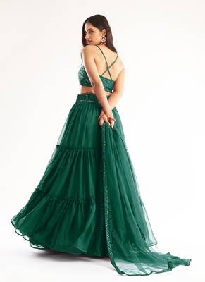 Green embroidered georgette semi stitched lehenga 2