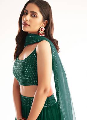 Green embroidered georgette semi stitched lehenga 3