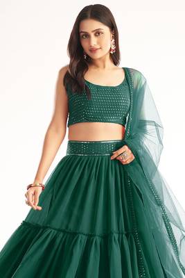Green embroidered georgette semi stitched lehenga 4