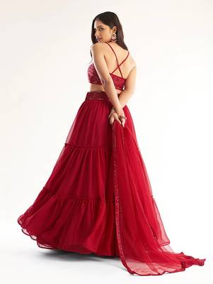 Red embroidered georgette semi stitched lehenga 2