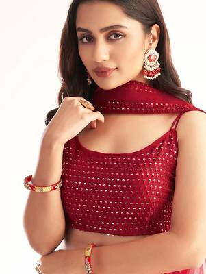 Red embroidered georgette semi stitched lehenga 3
