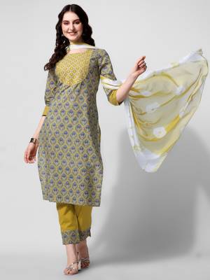 Mustard Grey Ajarak Printed Cotton Kurta With Pant and Dupatta Set 1