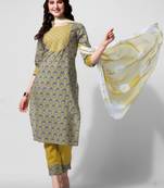 Mustard Grey Ajarak Printed Cotton Kurta With Pant and Dupatta Set