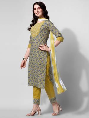 Mustard Grey Ajarak Printed Cotton Kurta With Pant and Dupatta Set 2