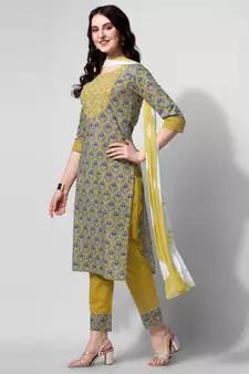Mustard Grey Ajarak Printed Cotton Kurta With Pant and Dupatta Set