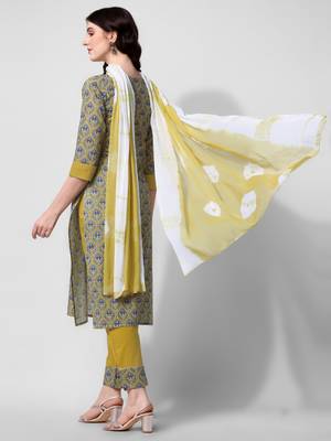 Mustard Grey Ajarak Printed Cotton Kurta With Pant and Dupatta Set 3